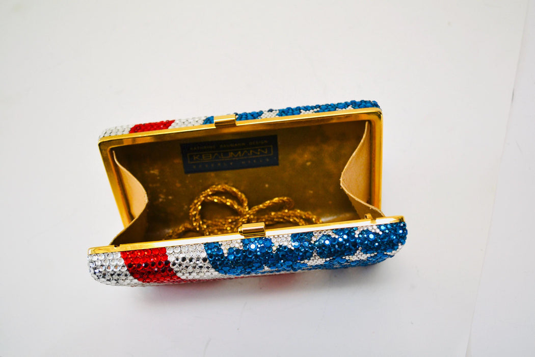 90s Vintage Metal Crystal Evening Bag Swarovski Bag 90s Katherine Baumann USA American Flag United States Crystal Minaudière Clutch Bag