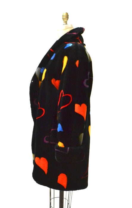 Vintage Black Faux Fur Jacket Coat with Hearts 90s pop art Rainbow Hearts Vintage Donny Brook Black with Hearts Coat Small Medium Gay Pride