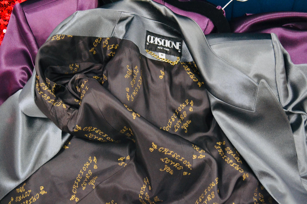 90s Vintage Gray Pewter Satin Jacket Blazer Suit Skirt Dark Grey Blazer 80s 90s Glam Power Suit Medium Criscione 90s Suit Rhinestone buttons