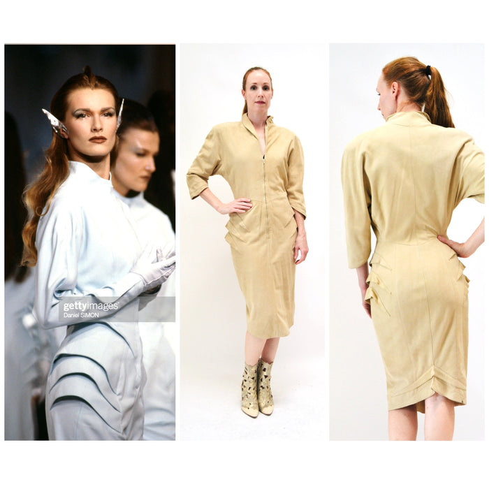 80s 90s Vintage Thierry Mugler Leather Dress Spring Summer 1989 Thierry Mugler Paris Tan Sueded Leather Dress Small Medium 24 Woman Dress
