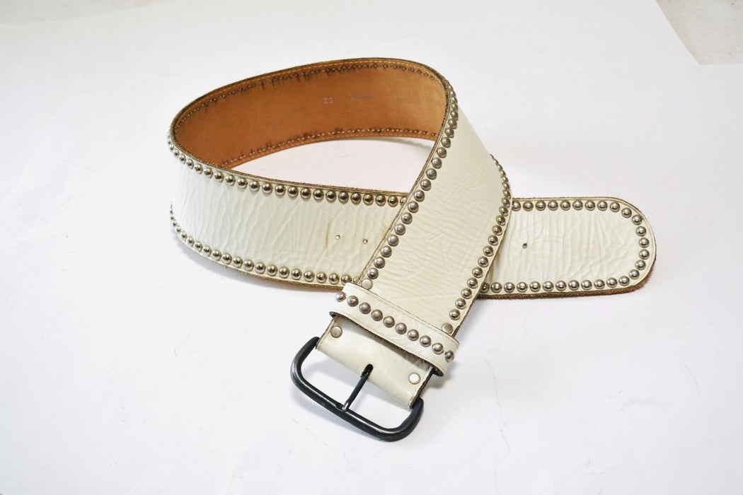 80s 90s Vintage Wide Leather Belt White Silver Studded Leather Belt Wedding Boho Cowboy Silver Belt Small Medium 30-35" Jenny and the Boys