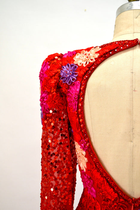 70s 80s Vintage Red Beaded Dress Evening Gown Small Medium// 90s Red Beaded Evening Pageant Dynasty Gown Dress Small Chinese Wedding Gown