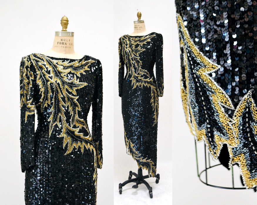 90s Vintage Black Beaded Sequin Party Dress Small Medium// 80s 90s Pageant Formal Black beaded Dress long sleeves Small Silk LIllie Rubin