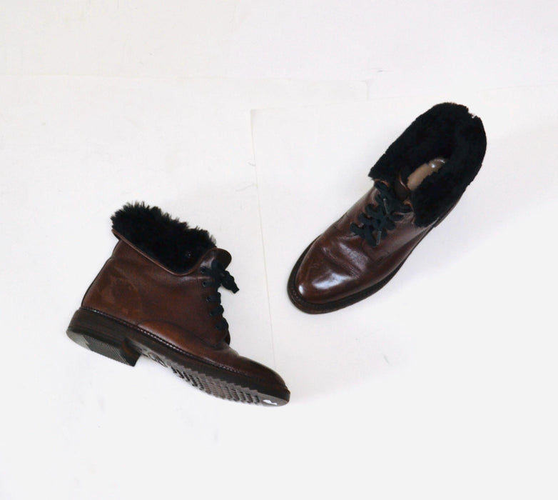 Vintage Brown Fur lined Leather Boots Size 36 6 By Tanino Crisci // Vintage 80s Brown Lace up Shearling Fur Boots 36 5 1/2 6 Made in Italy