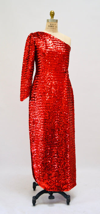 70s Vintage Red Sequin Gown Dress Red Sequin Showgirl One shoulder asymmetrical Dress Small Medium Pageant Jessica Rabbit Princess Costume