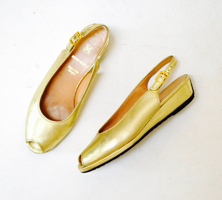 Vintage Gold Metallic Leather Sandals Slip on Heels Shoes 6 1/2 Bruno Magli Made in Italy// Gold Leather Peep toe Sling Backs Wedge 6 1/2