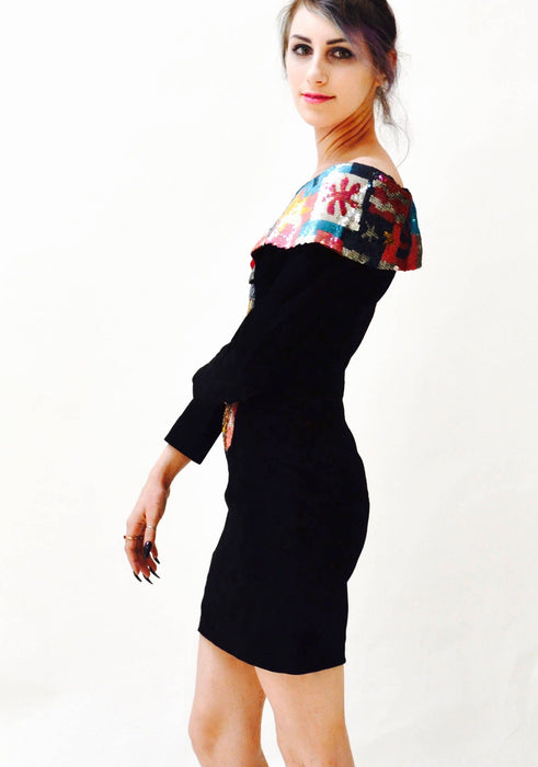 90s Black Leather Suede Dress Metallic Sequin Black Body Con Dress by Michael Hoban North Beach XS Henry Matisse Art Art Basel Long Sleeve