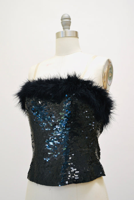 80s 90s Vintage Black Sequin Feather Bustier Top Size XS Small 90s 2000s Sequin feather Strapless top XXS Xs Black Sequin Feather Crop top