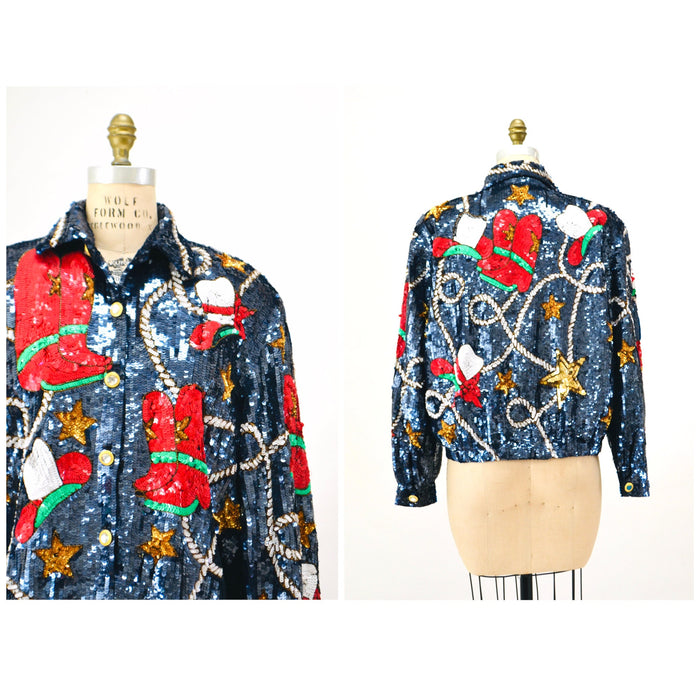 80s 90s Vintage Sequin Jacket Large Blue Metallic Gold Stars Rodeo Rhinestone Cowboy Cowgirl Sequin Jacket USA America Stars Rodeo Modi