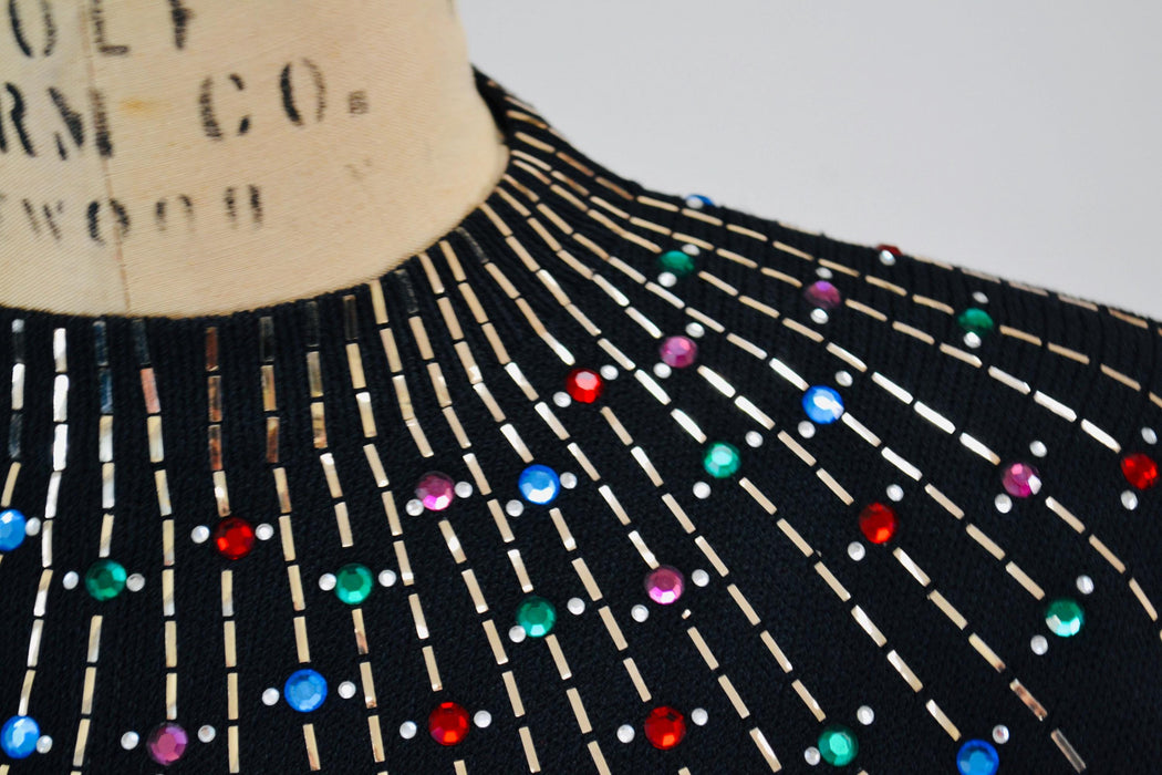 80s 90s Vintage Black St John Dress Metallic Rhinestone Knit Dress St John Evening// Black Rhinestone Party Sweater Knit Dress Medium Large