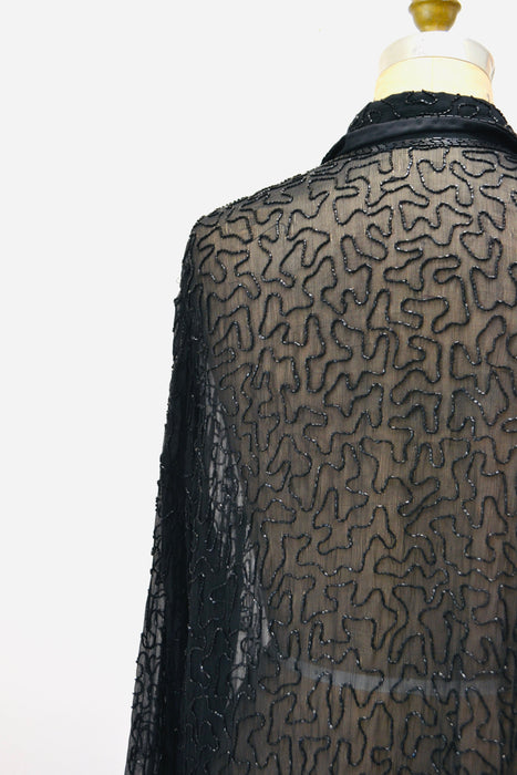 90s Vintage Black Silk Chiffon Beaded Shirt Button Down Black Sheer Silk Top Size Medium Lillie Rubin Sheer Black Long Sleeve Shirt