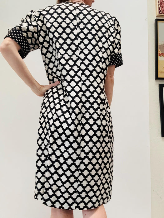80s 90s Vintage Black White Silk Dress Neiman Marcus// Vintage Silk Shirt Dress Black White Polka Dot Party Silk Conservative Dress Medium