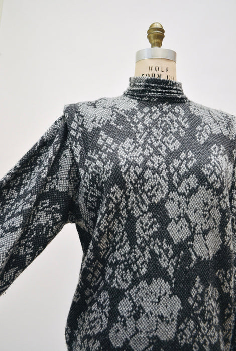 80s Vintage St. John Black Gray Sweater Pull OVer Cashmere Wool Sweater Jumper Floral Jacquard Medium 8 St John Vintage Mock Neck Sweater