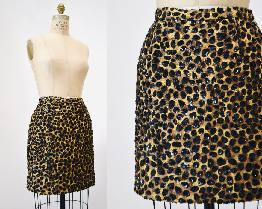 90s Vintage Metallic Sequin Skirt Size Small Animal Leopard Cheetah Print By Jeanette // 90 Vintage Black Sequin Party Skirt Size Small