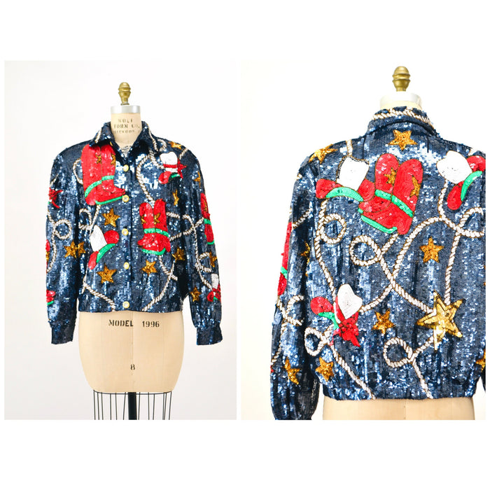 80s 90s Vintage Sequin Jacket Large Blue Metallic Gold Stars Rodeo Rhinestone Cowboy Cowgirl Sequin Jacket USA America Stars Rodeo Modi