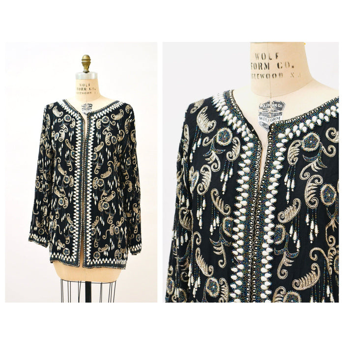 Vintage Beaded Metallic Embroidered Jacket Black Silver Paisley Jacket // Vintage Black Embroidered Jacket Art Deco Beaded Jacket