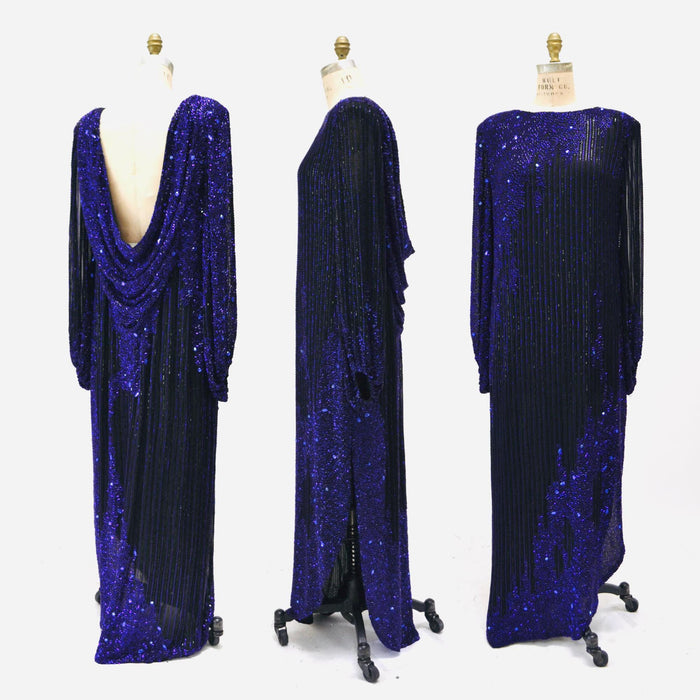 80s 90s Vintage Beaded Sequin Gown Dress Medium Large By Bob Mackie Blue Black Rhinestones Long Sleeve Blue Beaded Conservative Draped Gown