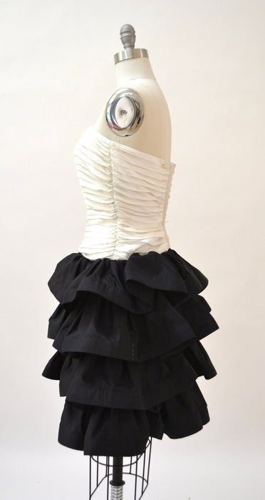 Vintage 90s Party Prom Dress XXS XS Small Black and White Strapless Ruffle Party Dress By Tadashi// 90s  Vintage Black Tie PageantDress