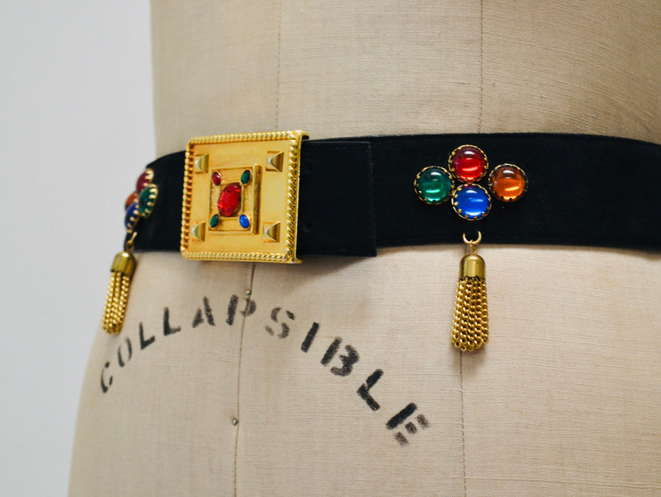 80s 90s Vintage ESCADA Black Gold Gemstone Belt Metallic Chain Fringe Black Leather Belt size 42 Medium Large 80s Glam Wide Black Gold Belt