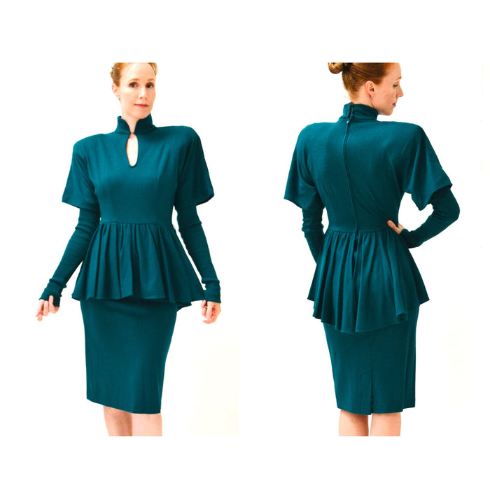 80s does 40s Vintage Teal Blue Green Knit Wool Dress Small Medium Wool Jersey Knit Dress Green teal Long Sleeve Peplum Dress Bonnie Strauss