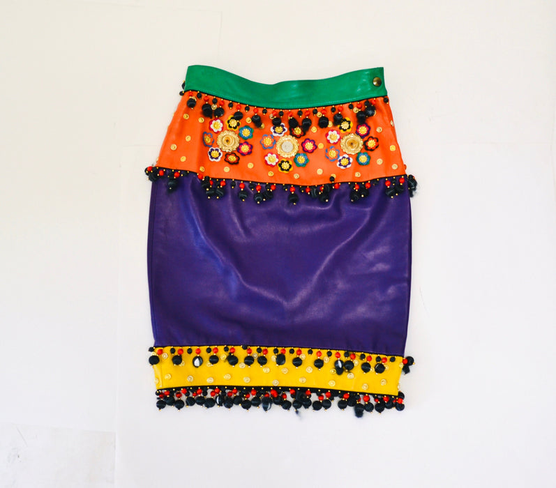 vintage 90s Moschino Rainbow Leather SKIRT 1991 Spring Summer Moschino Studded Flower Leather Skirt Red Blue Green Yellow Made in ITaly
