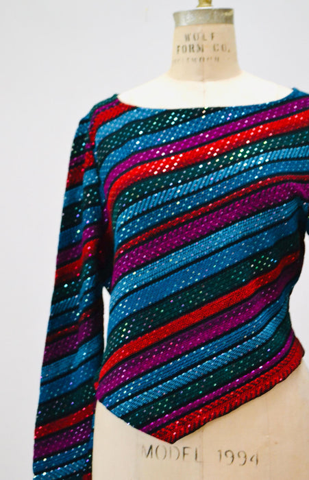 80s Vintage St John Striped Sweater Top Red Black Metallic Cropped Sweater Knit Medium Large St John Evening Party Top Striped Long Sleeves
