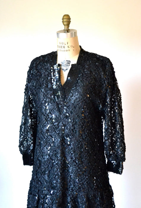 80s Vintage Black Dress Lace Sequin Dress Damianou SIze Medium Large// 80s does 20s Flapper Dress Size Large Black Party Dress Size Large