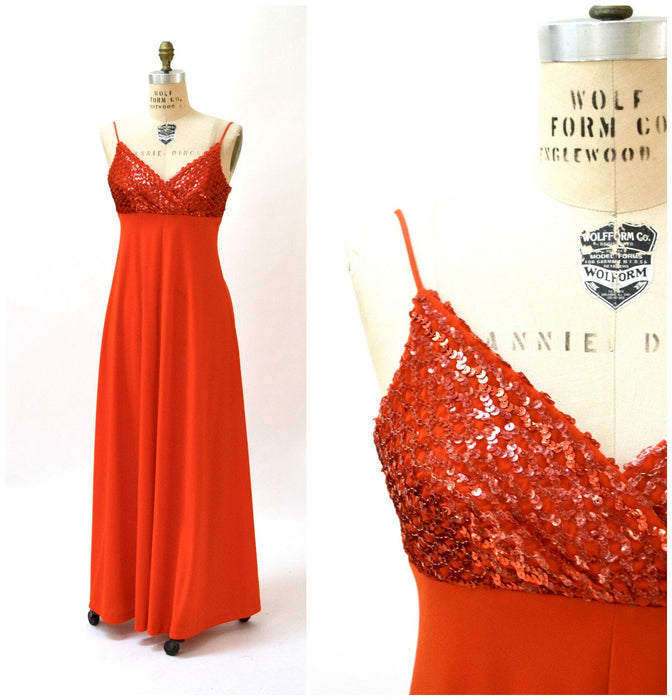 70s Vintage Red Sequin Tank Dress Small// Vintage Red Party Prom Dress Small long Red Sequin Dress Disco Costume