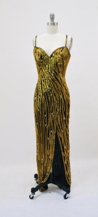 80s 90s Vintage Beaded Sequin Gown Dress By Bob Mackie Gold Black Tiger Stripe Long Sleeve Sequin Gown BoB Mackie Cher Sequin Dress Small