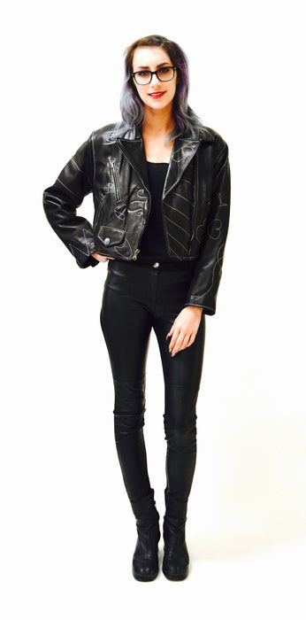 Vintage Black Leather Motorcycle Jacket by Moschino Leather Oops Heart Made in Italy// 90s Black Leather Jacket Biker Medium Large