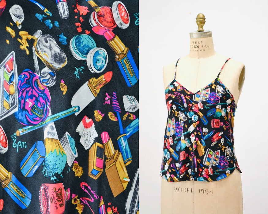 90s Nicole Miller Vintage Silk Tank Top Make UP Lip Stick Cosmetologist Print Small Medium // Vintage Silk Cami lingerie Make up Print