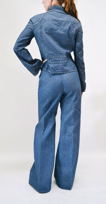 70s Authentic Vintage Rhinestone Denim Jacket shirt Bell Bottom Jeans Pants Set Medium Large by Ayako