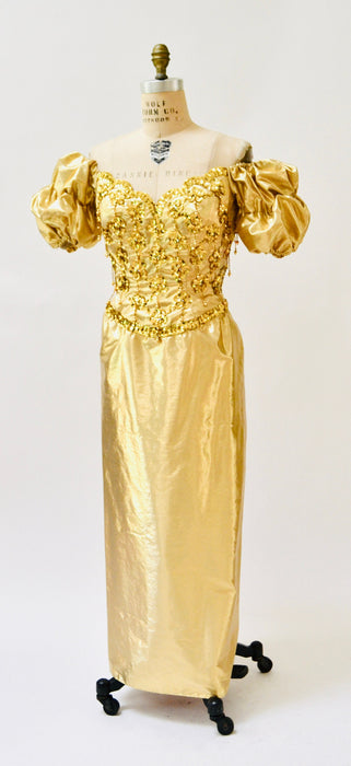 Gold Metallic 80s Prom Dress Evening Gown Barbie Costume // 80s Vintage Gold Drag Queen Pageant Dress Evening Gown Mike Benet small Medium