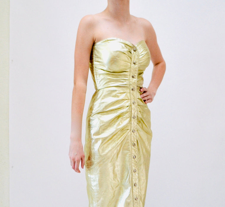 90s Metallic Gold Strapless Leather Dress by Michael Hoban North Beach Leather XXS // 90s strapless Leather Dress Gold Size XXS XS Small