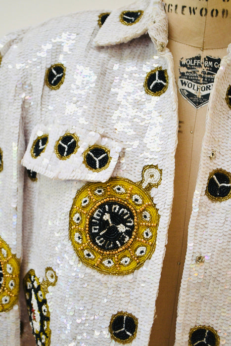 80s 90s Vintage White Sequin Jacket// Vintage White Sequin Boat Party Jacket Stars Nautical Talk of the Walk Casino French Collizioni Modi