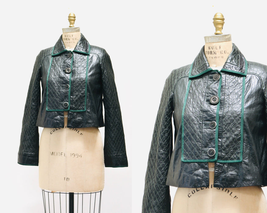 Vintage Just Cavalli Dark Green Leather Quilted Jacket XS Small Roberto Cavalli Leather Jacket// Vintage Green Moto Swing Leather Jacket
