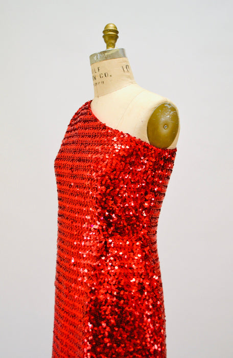 70s Vintage Red Sequin Gown Dress Red Sequin Showgirl One shoulder asymmetrical Dress Small Medium Pageant Jessica Rabbit Princess Costume