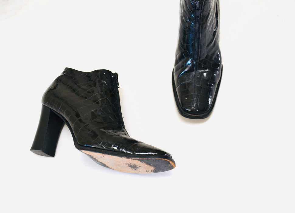90s 00s Black Patent Leather Cropped High heel Boots 37 1/2 7 1/2 by Omari Made in Italy Cropped Reptile Patent Leather Booties Size 37 1/2