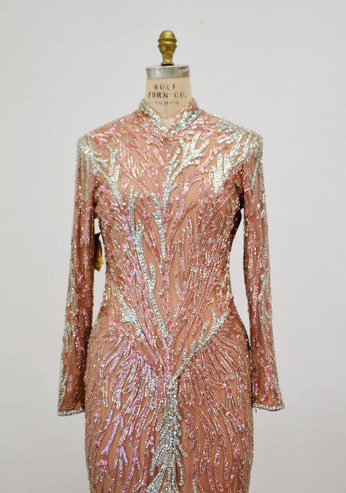80s 90s Bob Mackie Vintage Pink Silver Beaded Sequin Gown Dress Pink Long Sleeve Sequin Gown Cher Sequin Dress XS SMALL Wedding