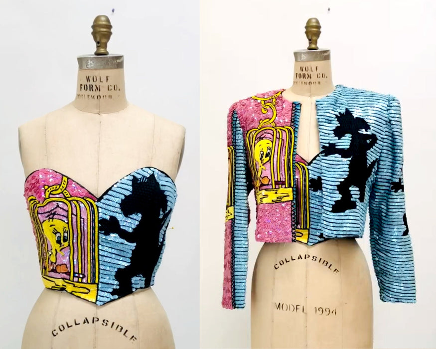 90s Vintage Jeanette Kastenberg Platinum Sequin Jacket Looney Tunes Warner Brothers Cartoon Beaded Jacket Small Tweety Bird and Sylvester