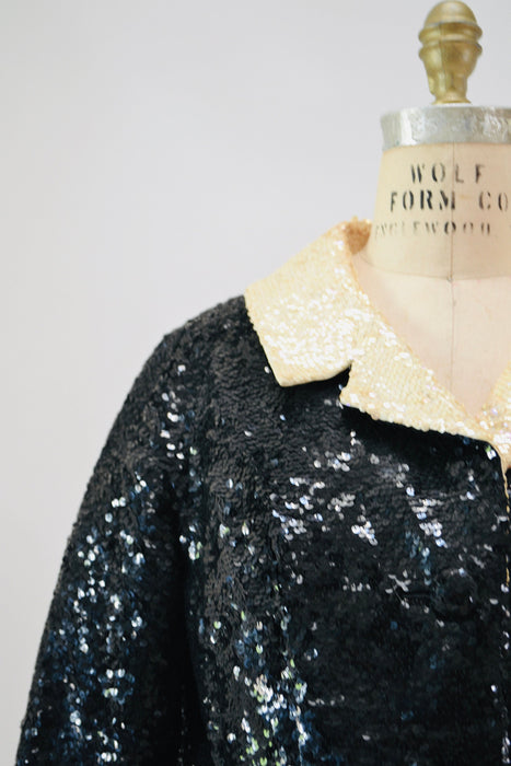 50s 60s Vintage Black Sequin Dress and Jacket Small Medium 1950s 60s Wedding Cocktail Sequin Dress Jacket Suit Miss Ruth Cream Sequin Collar