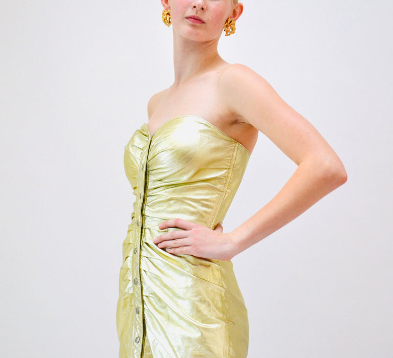 90s Metallic Gold Strapless Leather Dress by Michael Hoban North Beach Leather XXS // 90s strapless Leather Dress Gold Size XXS XS Small