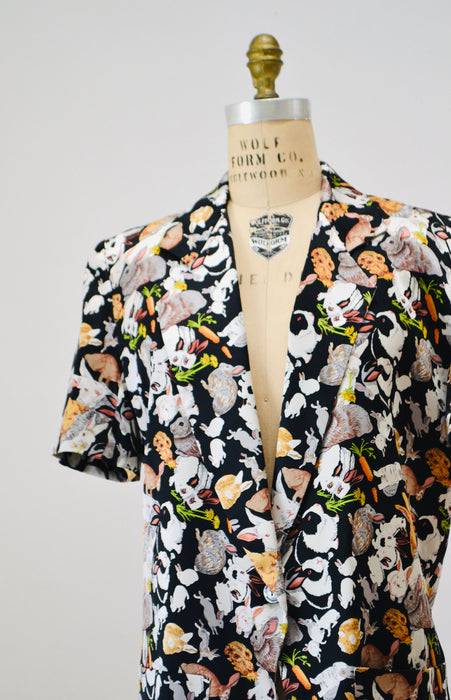 90s Vintage Bunny Jacket Nicole Miller Silk Jacket Large XL with Bunny Rabbits// Vintage Animal Print Silk Jacket Blazer Easter Bunny Jacket