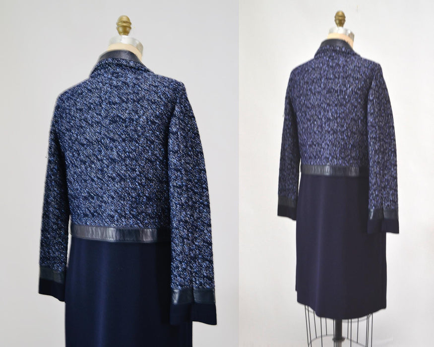 Vintage St. John Couture Navy Blue Jacket Blue Boucle Jacket Leather Size 4 Blue  Jacket St John Navy Blue Convertible Leather Wool Jacket