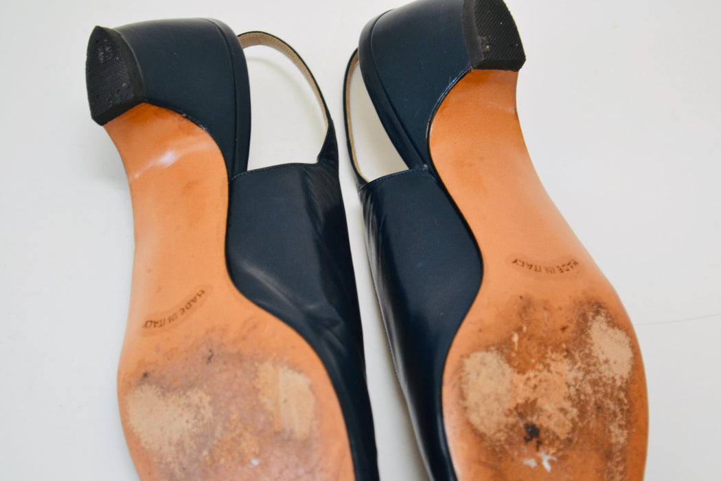 Vintage Salvatore Ferragamo Navy Blue Low High Heels Shoes 8 1/2 AAA Navy Blue Leather Sling Back High Heel Vintage Ferragamos Made in Italy