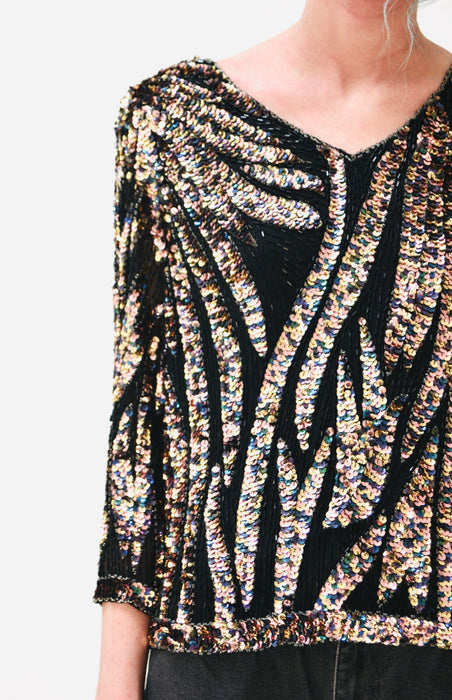 Vintage 80s Metallic Sequin Zebra Shirt Small Medium Black Gold// Vintage 80s Disco Glam Sequin Shirt Gold Black Zebra Stripe Iridescent
