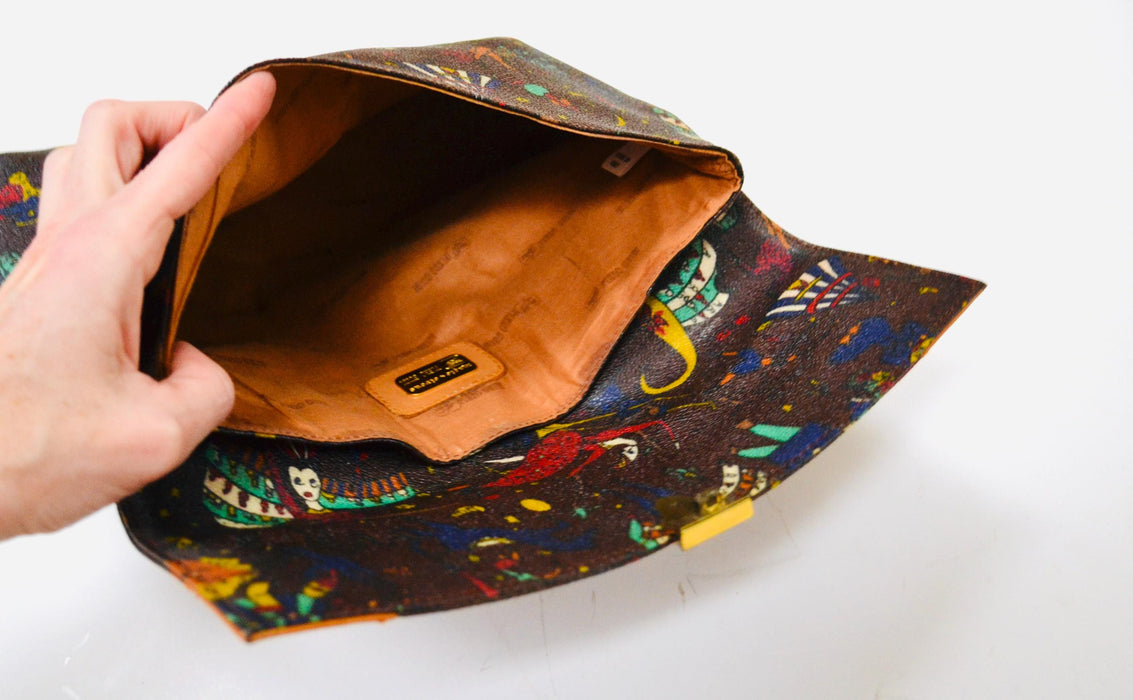 Vintage Piero Guidi Magic Circus Bag Clutch Bag Purse Made In Italy Vintage Coated Canvas Bag Brown Leather Bag Envelope Clutch Bag 70s