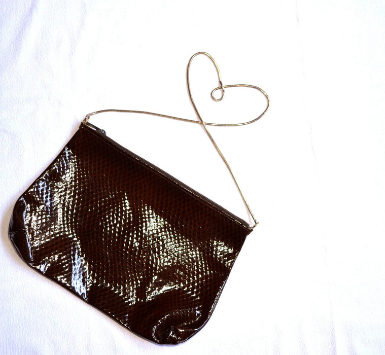 Vintage Brown Leather Purse Bag Patent Leather Clutch Snakeskin// Vintage Patent Leather Bag Handbag Purse In Brown Snake skin Python