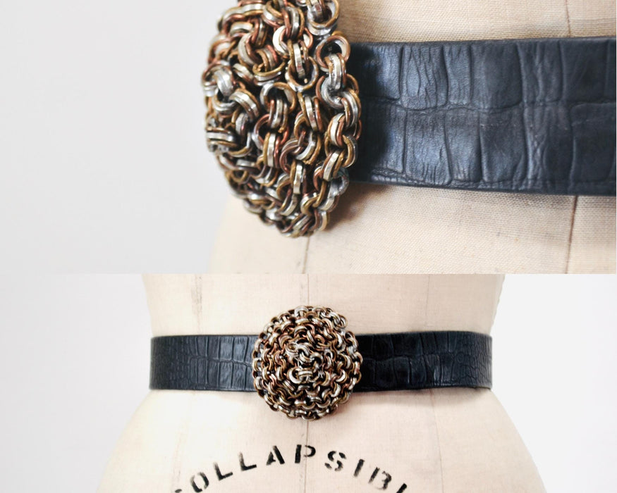 70s Chainmail Belt buckle Large silver Bronze Belt Buckle Vintage 70s Belt with Metal Belt Buckle Vintage Boho Wedding Wide Belt