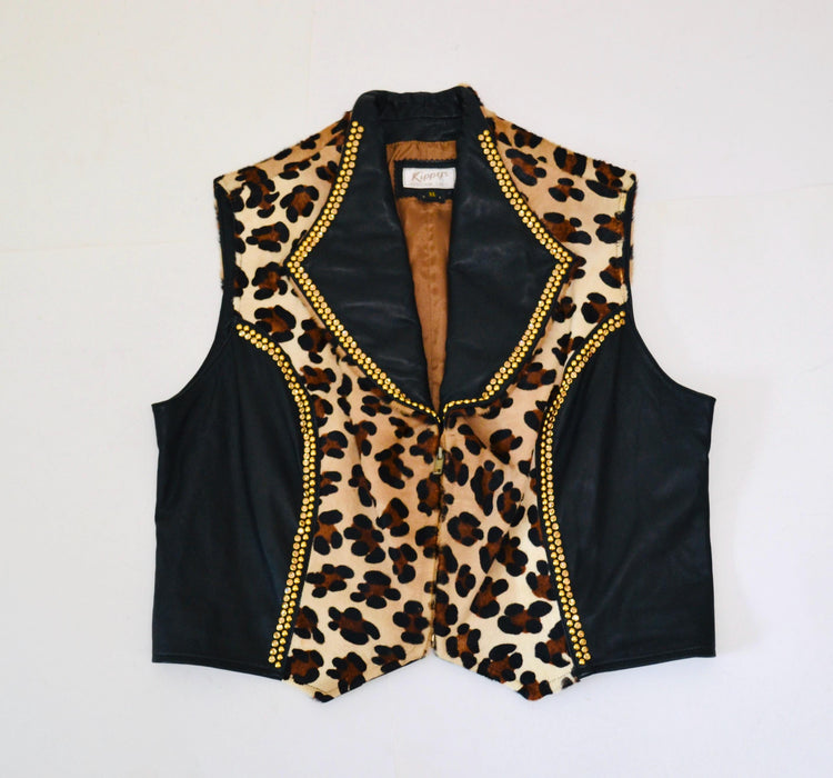 80s 90s Vintage Studded Black Leather Animal Print Vest Gold Leather Vest By Kippys XL Large Gold Studded Animal Print Black Leather Vest